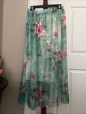 Mint Floral Chiffon Maxi Skirt - Lightweight Women’s Skirt